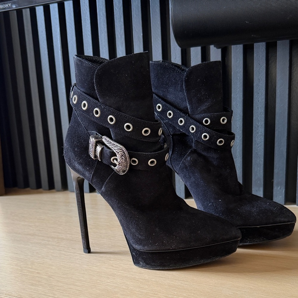 Yves Saint Laurent Black Heeled Suede Boots with Silver Buckle